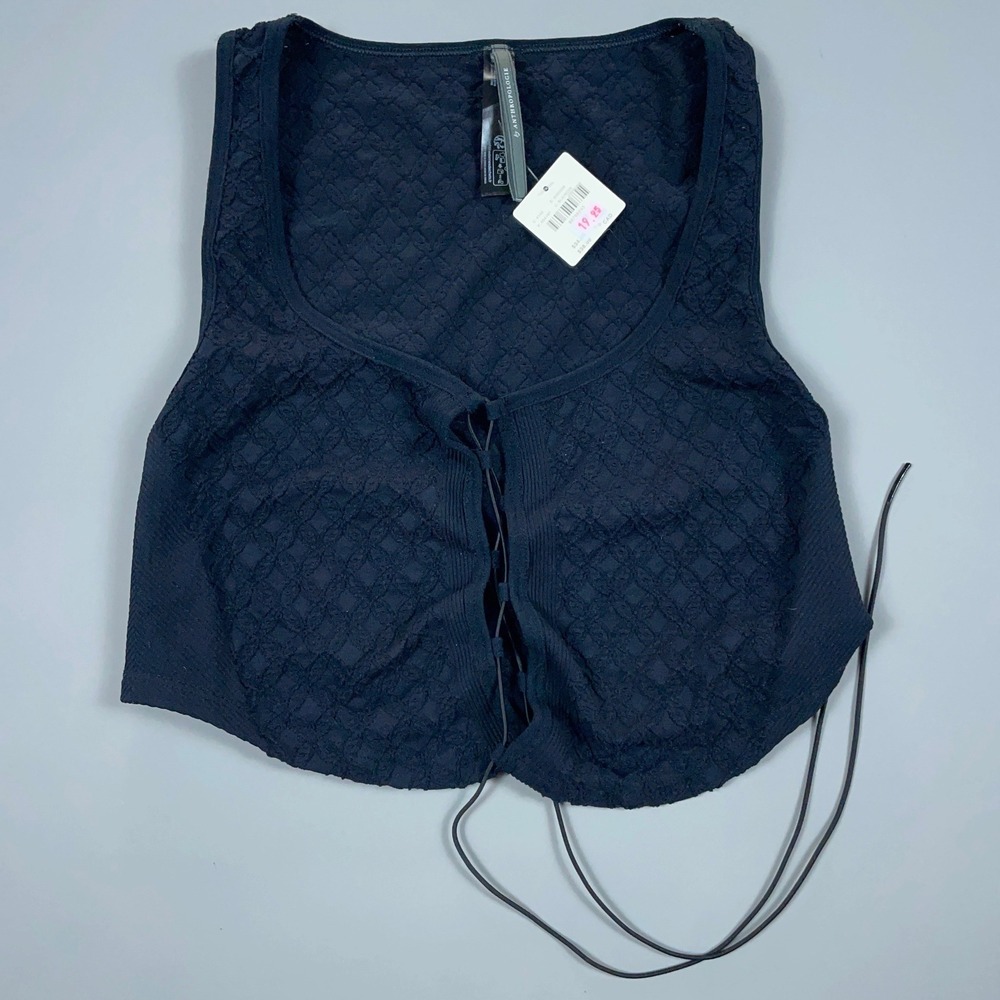 Anthropologie Black Textured Lace Up Front Crop Vest Retail $34
